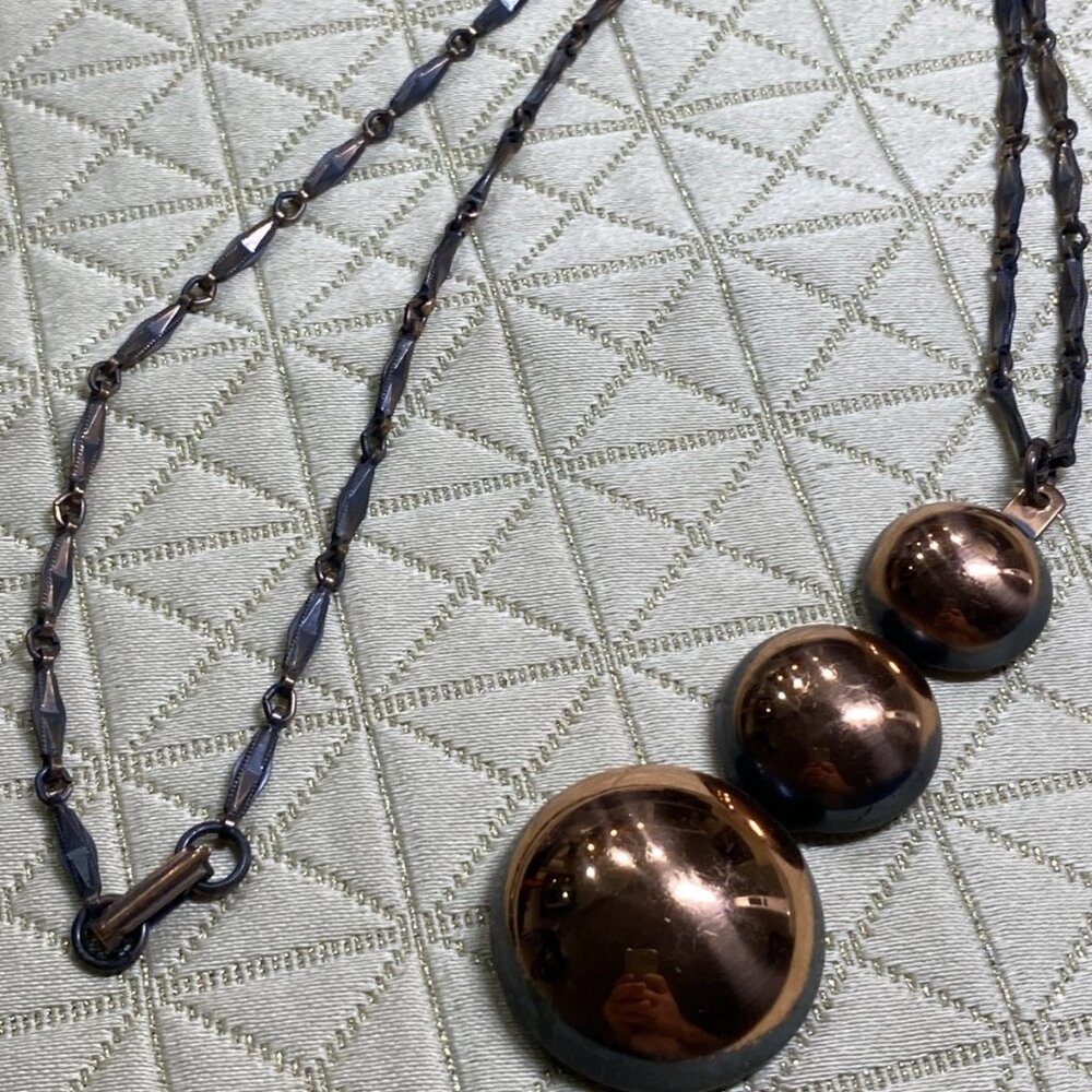 Vintage Solid Copper Necklace 24” Chain with Triple Dome Pendant, Signed
